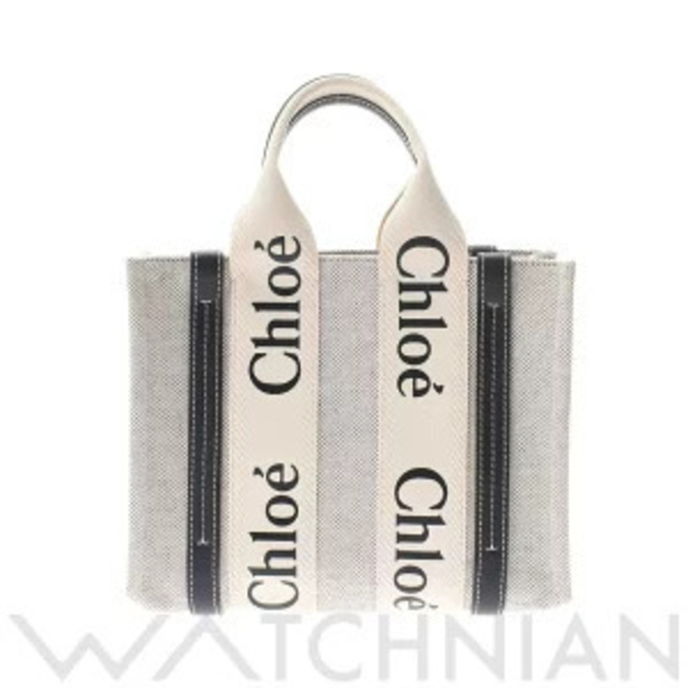 Chloe WOODY White Blue Canvas Calfskin Tote Bag
